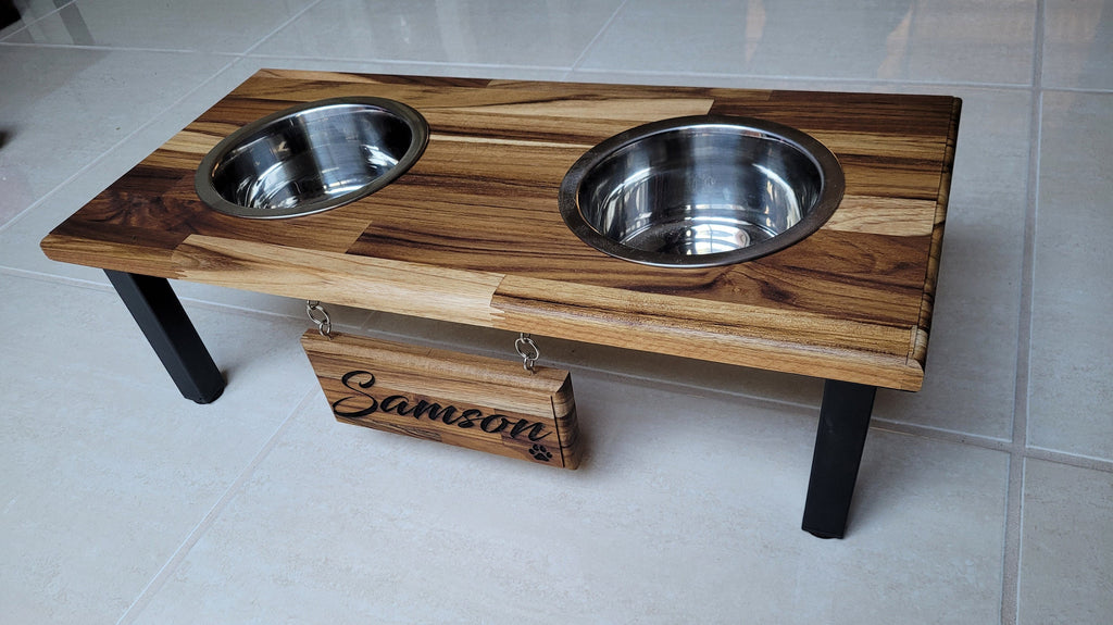 Elevated Small & Medium Double Dog or Cat Bowl Stand Feeding Station with Stainless Steel Bowls and Free Laser Engraved Name Tag