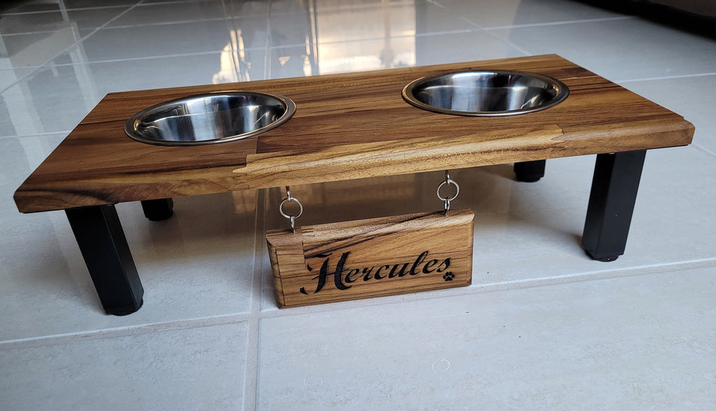 Elevated Small & Medium Double Dog or Cat Bowl Stand Feeding Station with Stainless Steel Bowls and Free Laser Engraved Name Tag