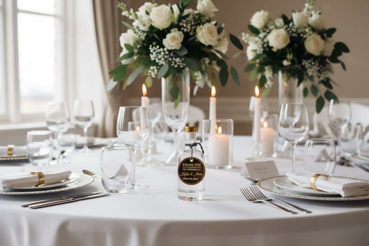 Elegant table setting with white flowers, candles, and glassware in a formal dining room.