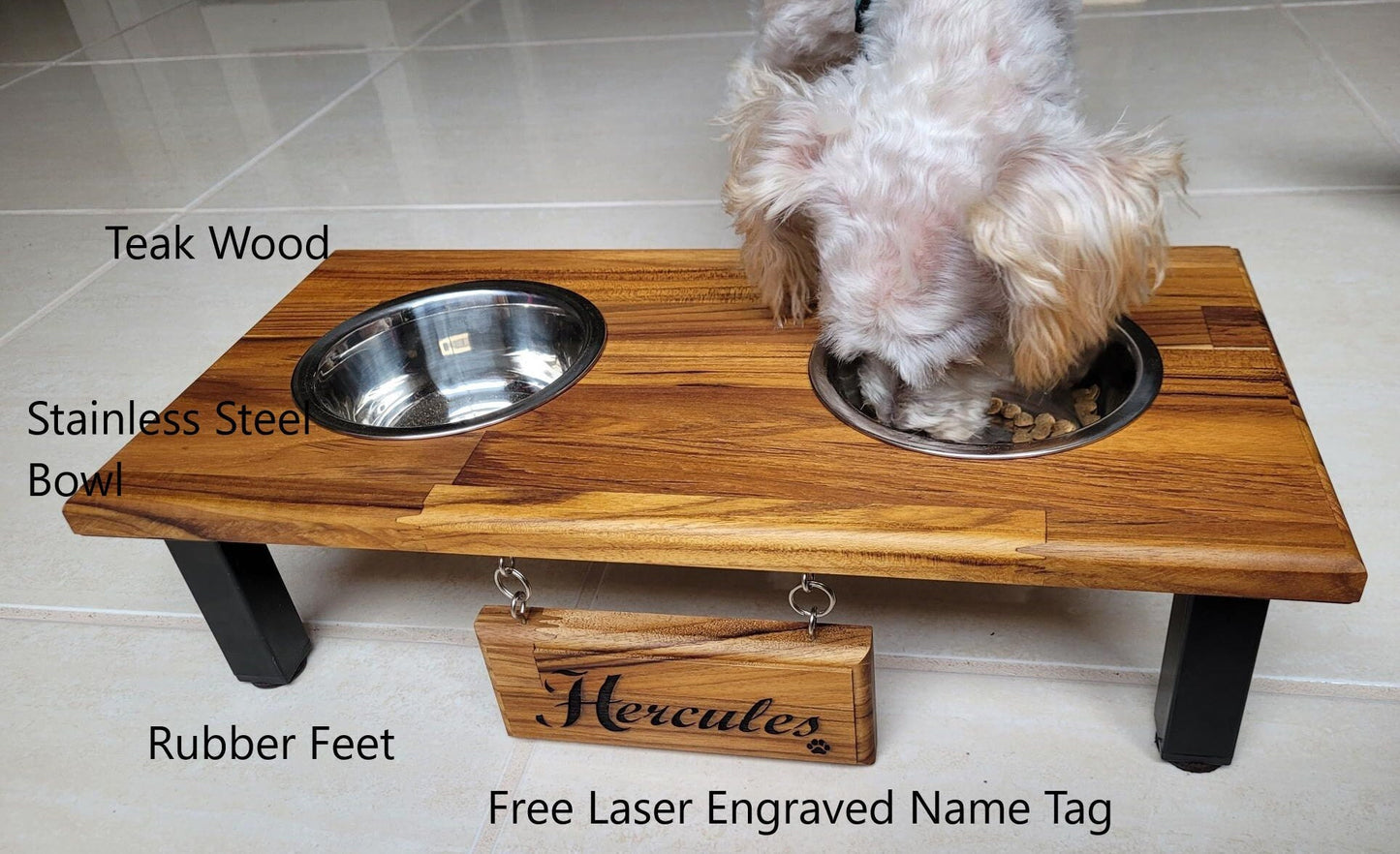 Elevated Small & Medium Double Dog or Cat Bowl Stand Feeding Station with Stainless Steel Bowls and Free Laser Engraved Name Tag