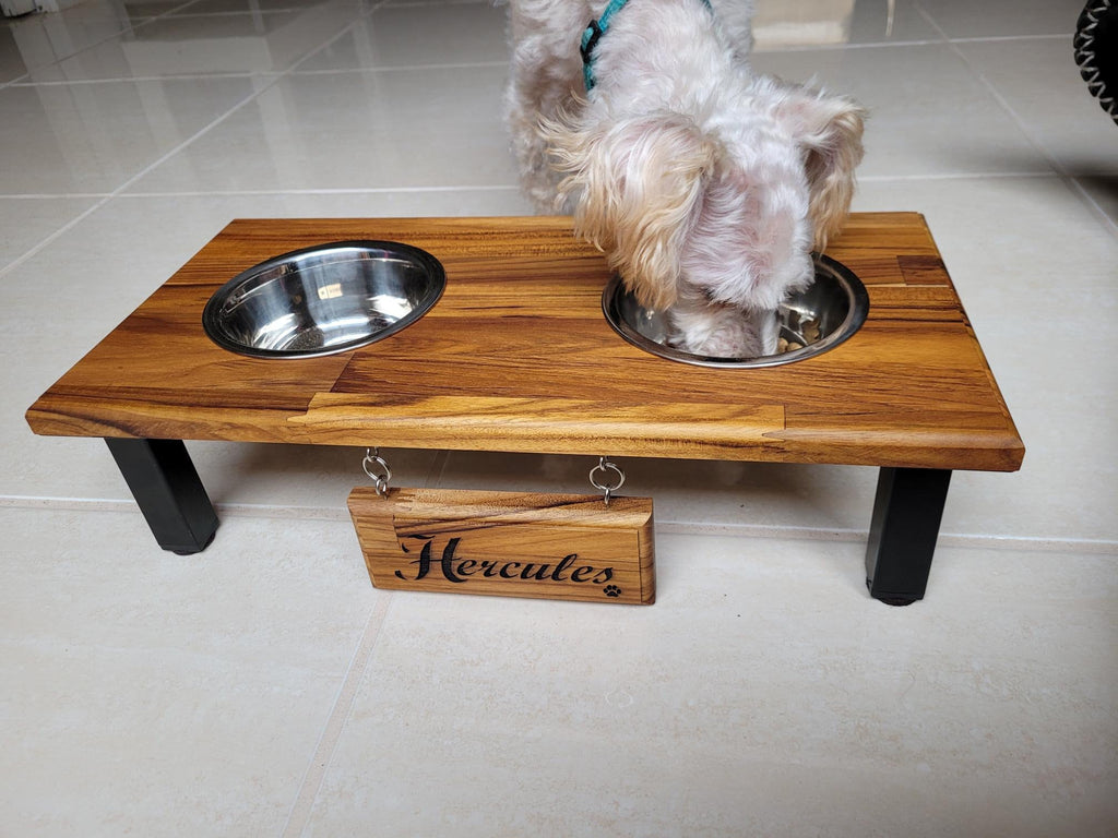 Elevated Small & Medium Double Dog or Cat Bowl Stand Feeding Station with Stainless Steel Bowls and Free Laser Engraved Name Tag