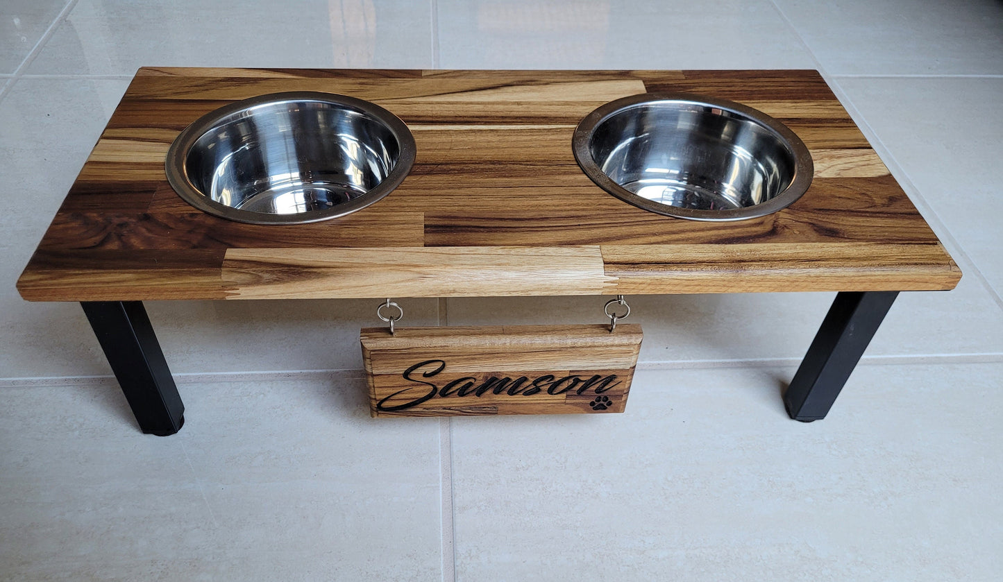 Elevated Small & Medium Double Dog or Cat Bowl Stand Feeding Station with Stainless Steel Bowls and Free Laser Engraved Name Tag