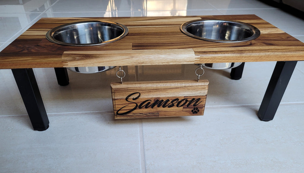 Elevated Small & Medium Double Dog or Cat Bowl Stand Feeding Station with Stainless Steel Bowls and Free Laser Engraved Name Tag