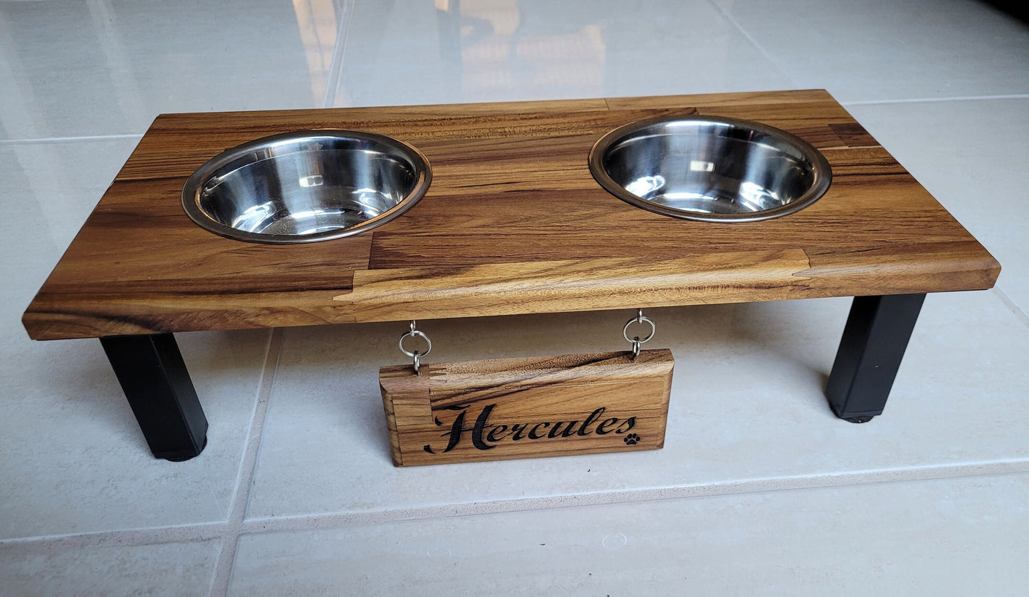 Elevated Small & Medium Double Dog or Cat Bowl Stand Feeding Station with Stainless Steel Bowls and Free Laser Engraved Name Tag
