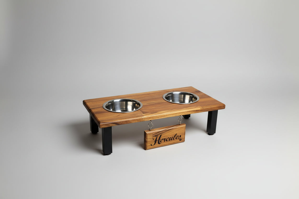 Elevated Small & Medium Double Dog or Cat Bowl Stand Feeding Station with Stainless Steel Bowls and Free Laser Engraved Name Tag